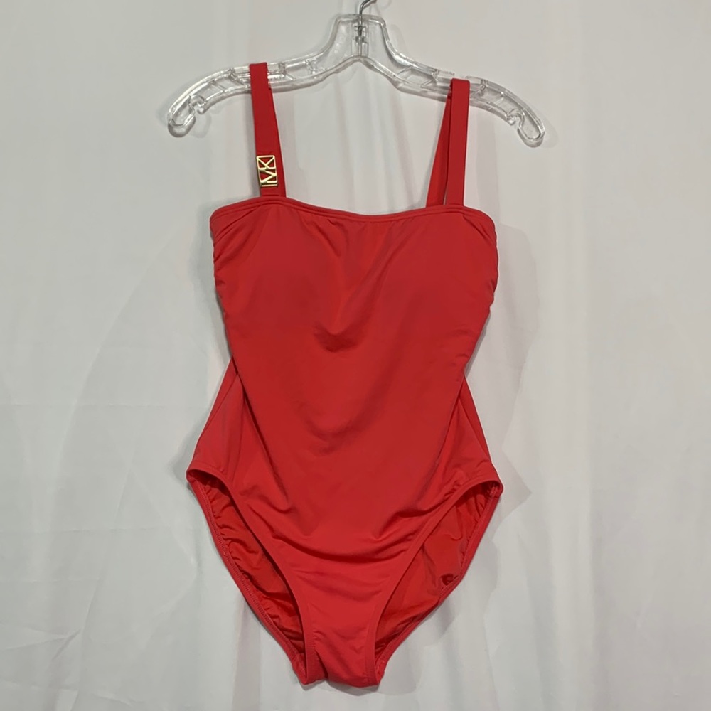 MICHAEL Michael Kors one piece swimsuit goldtone MK right shoulder strap w logo